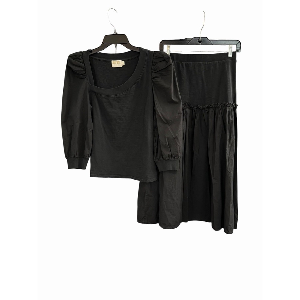 NATION LTD Outfit Set Women's Small Black Puff Sleeve Midi Ruffle Skirt #ST9-1